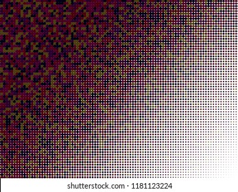 Colorful halftone dots. Rainbow and black geometric gradient for pop art designs. Geometric vintage monochrome fade wallpaper. Pop art print. Dotted geometric retro pattern. Comic halftone background.