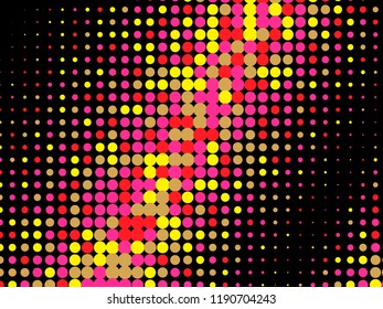 Colorful halftone dots. Rainbow and black geometric gradient for pop art designs. Geometric vintage monochrome fade wallpaper. Pop art print. Dotted geometric retro pattern. Comic halftone background.