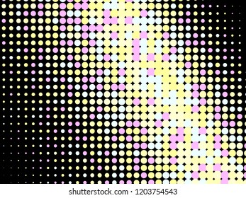 Colorful halftone dots. Rainbow and black geometric gradient for pop art designs. Geometric vintage monochrome fade wallpaper. Pop art print. Dotted geometric retro pattern. Comic halftone background.