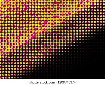 Colorful halftone dots. Rainbow and black geometric gradient for pop art designs. Geometric vintage monochrome fade wallpaper. Pop art print. Dotted geometric retro pattern. Comic halftone background.