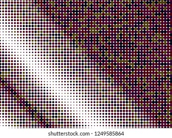 Colorful halftone dots. Rainbow and black geometric gradient for pop art designs. Geometric vintage monochrome fade wallpaper. Pop art print. Dotted geometric retro pattern. Comic halftone background.
