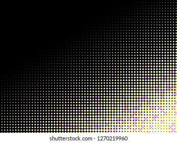 Colorful halftone dots. Rainbow and black geometric gradient for pop art designs. Geometric vintage monochrome fade wallpaper. Pop art print. Dotted geometric retro pattern. Comic halftone background.