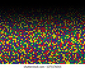 Colorful halftone dots. Rainbow and black geometric gradient for pop art designs. Geometric vintage monochrome fade wallpaper. Pop art print. Dotted geometric retro pattern. Comic halftone background.
