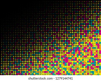 Colorful halftone dots. Rainbow and black geometric gradient for pop art designs. Geometric vintage monochrome fade wallpaper. Pop art print. Dotted geometric retro pattern. Comic halftone background.