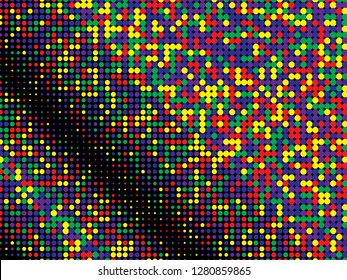 Colorful halftone dots. Rainbow and black geometric gradient for pop art designs. Geometric vintage monochrome fade wallpaper. Pop art print. Dotted geometric retro pattern. Comic halftone background.
