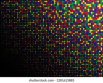 Colorful halftone dots. Rainbow and black geometric gradient for pop art designs. Geometric vintage monochrome fade wallpaper. Pop art print. Dotted geometric retro pattern. Comic halftone background.