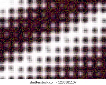 Colorful halftone dots. Rainbow and black geometric gradient for pop art designs. Geometric vintage monochrome fade wallpaper. Pop art print. Dotted geometric retro pattern. Comic halftone background.