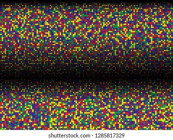 Colorful halftone dots. Rainbow and black geometric gradient for pop art designs. Geometric vintage monochrome fade wallpaper. Pop art print. Dotted geometric retro pattern. Comic halftone background.