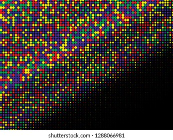 Colorful halftone dots. Rainbow and black geometric gradient for pop art designs. Geometric vintage monochrome fade wallpaper. Pop art print. Dotted geometric retro pattern. Comic halftone background.
