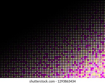 Colorful halftone dots. Rainbow and black geometric gradient for pop art designs. Geometric vintage monochrome fade wallpaper. Pop art print. Dotted geometric retro pattern. Comic halftone background.