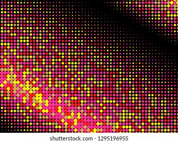 Colorful halftone dots. Rainbow and black geometric gradient for pop art designs. Geometric vintage monochrome fade wallpaper. Pop art print. Dotted geometric retro pattern. Comic halftone background.