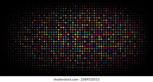 Colorful halftone dots. Rainbow and black geometric gradient for pop art designs. Geometric vintage monochrome fade wallpaper. Pop art print. Dotted geometric retro pattern. Comic halftone background.