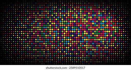 Colorful halftone dots. Rainbow and black geometric gradient for pop art designs. Geometric vintage monochrome fade wallpaper. Pop art print. Dotted geometric retro pattern. Comic halftone background.