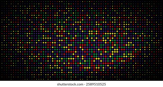 Colorful halftone dots. Rainbow and black geometric gradient for pop art designs. Geometric vintage monochrome fade wallpaper. Pop art print. Dotted geometric retro pattern. Comic halftone background.