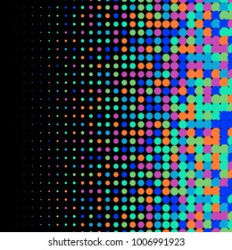 Colorful halftone dots. Rainbow geometric gradient for pop art designs. Geometric vintage monochrome fade wallpaper. Pop art print. Dotted geometric retro pattern. Comic halftone background.