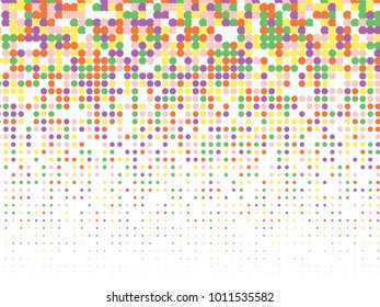 Colorful halftone dots. Rainbow geometric gradient for pop art designs. Geometric vintage monochrome fade wallpaper. Pop art print. Dotted geometric retro pattern. Comic halftone background.