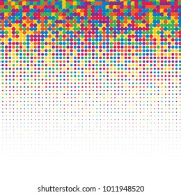 Colorful halftone dots. Rainbow geometric gradient for pop art designs. Geometric vintage monochrome fade wallpaper. Pop art print. Dotted geometric retro pattern. Comic halftone background.