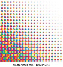 Colorful halftone dots. Rainbow geometric gradient for pop art designs. Geometric vintage monochrome fade wallpaper. Pop art print. Dotted geometric retro pattern. Comic halftone background.