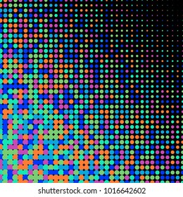 Colorful halftone dots. Rainbow geometric gradient for pop art designs. Geometric vintage monochrome fade wallpaper. Pop art print. Dotted geometric retro pattern. Comic halftone background.