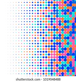 Colorful halftone dots. Rainbow geometric gradient for pop art designs. Geometric vintage monochrome fade wallpaper. Pop art print. Dotted geometric retro pattern. Comic halftone background.