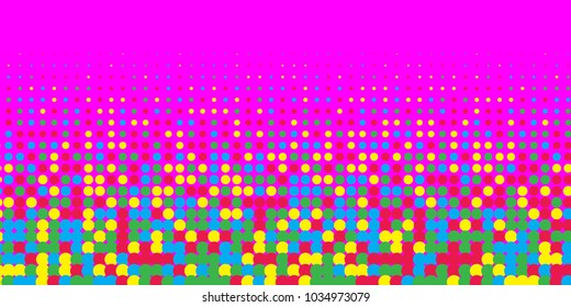 Colorful halftone dots. Rainbow geometric gradient for pop art designs. Geometric vintage monochrome fade wallpaper. Pop art print. Dotted geometric retro pattern. Comic halftone background.