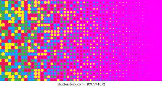 Colorful halftone dots. Rainbow geometric gradient for pop art designs. Geometric vintage monochrome fade wallpaper. Pop art print. Dotted geometric retro pattern. Comic halftone background.