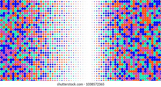 Colorful halftone dots. Rainbow geometric gradient for pop art designs. Geometric vintage monochrome fade wallpaper. Pop art print. Dotted geometric retro pattern. Comic halftone background.