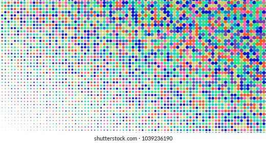 Colorful halftone dots. Rainbow geometric gradient for pop art designs. Geometric vintage monochrome fade wallpaper. Pop art print. Dotted geometric retro pattern. Comic halftone background.