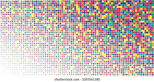 Colorful halftone dots. Rainbow geometric gradient for pop art designs. Geometric vintage monochrome fade wallpaper. Pop art print. Dotted geometric retro pattern. Comic halftone background.