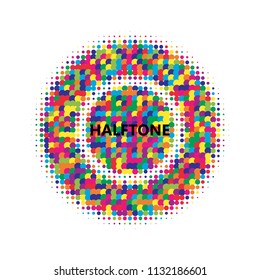 Colorful halftone dots. Rainbow geometric gradient for pop art designs. Geometric vintage monochrome fade wallpaper. Pop art print. Dotted geometric retro pattern. Comic halftone background.