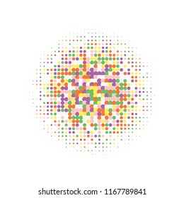 Colorful halftone dots. Rainbow geometric gradient for pop art designs. Geometric vintage monochrome fade wallpaper. Pop art print. Dotted geometric retro pattern. Comic halftone background.