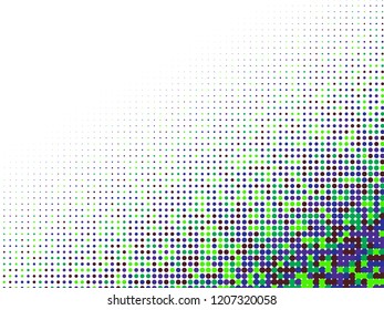 Colorful halftone dots. Rainbow geometric gradient for pop art designs. Geometric vintage monochrome fade wallpaper. Pop art print. Dotted geometric retro pattern. Comic halftone background.