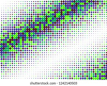 Colorful halftone dots. Rainbow geometric gradient for pop art designs. Geometric vintage monochrome fade wallpaper. Pop art print. Dotted geometric retro pattern. Comic halftone background.