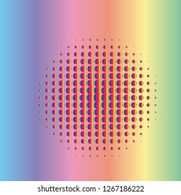 Colorful halftone dots. Rainbow geometric gradient for pop art designs. Geometric vintage monochrome fade wallpaper. Pop art print. Dotted geometric retro pattern. Comic halftone background.