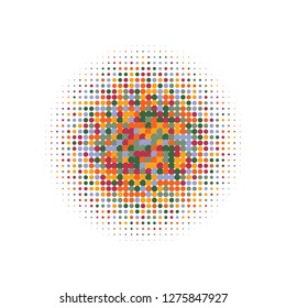 Colorful halftone dots. Rainbow geometric gradient for pop art designs. Geometric vintage monochrome fade wallpaper. Pop art print. Dotted geometric retro pattern. Comic halftone background.