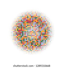 Colorful halftone dots. Rainbow geometric gradient for pop art designs. Geometric vintage monochrome fade wallpaper. Pop art print. Dotted geometric retro pattern. Comic halftone background.