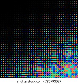 Colorful halftone dots. Rainbow geometric gradient for pop art designs. Geometric vintage monochrome fade wallpaper. Pop art print. Dotted geometric retro pattern. Comic halftone background.