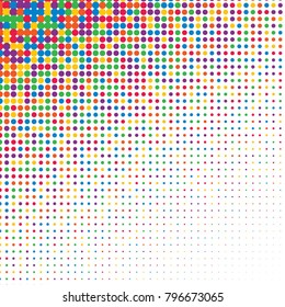 Colorful halftone dots. Rainbow geometric gradient for pop art designs. Geometric vintage monochrome fade wallpaper. Pop art print. Dotted geometric retro pattern. Comic halftone background.