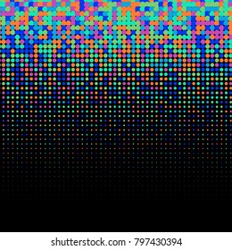 Colorful halftone dots. Rainbow geometric gradient for pop art designs. Geometric vintage monochrome fade wallpaper. Pop art print. Dotted geometric retro pattern. Comic halftone background.