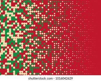 Colorful halftone dots. Red, green, white geometric gradient for pop art designs. Geometric vintage monochrome fade wallpaper. Pop art print. Dotted geometric retro pattern. Comic halftone background.
