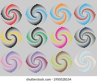 colorful halftone dots in vortex form. Geometric art. Trendy design element.Circular and radial lines volute, helix.Segmented circle with rotation.Radiating arc lines