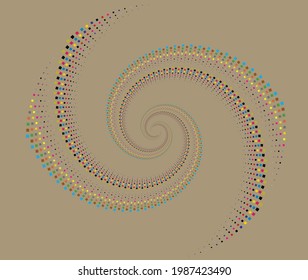 colorful halftone dots in vortex form. Geometric art. Trendy design element.Circular and radial lines volute, helix.Segmented circle with rotation.Radiating arc lines