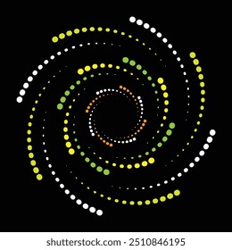 Pontos de meio-tom coloridos em forma de vórtice. Arte geométrica. Elemento de design moderno. Linhas circulares e radiais voluta, hélice. Círculo segmentado com rotação. Pontilhado, pontos, manchas círculo concêntrico abstrato