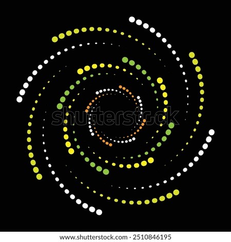 Colorful halftone dots in vortex form. Geometric art. Trendy design element. Circular and radial lines volute, helix. Segmented circle with rotation. Dotted, dots, speckles abstract concentric circle