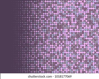 Colorful halftone dots. White, purple geometric gradient for pop art designs. Geometric vintage monochrome fade wallpaper. Pop art print. Dotted geometric retro pattern. Comic halftone background.