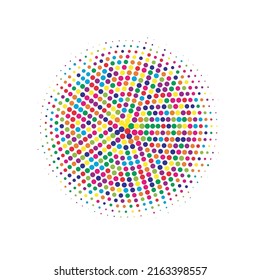 Elemento de semitono colorido. Forma abstracta de arte vectorial. Textura moderna. Forma de punto. Medio Círculo. Grunge degradado. Logotipo de efecto. Logo redondo.