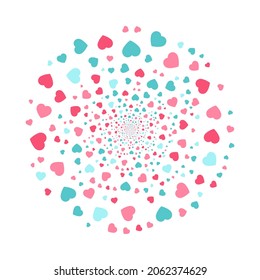 Colorful halftone fireworks hearts. Black hole colorful. Round tunnel. Abstract wormhole background. Valentine's Day.