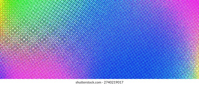 Colorful halftone gradient background. Dotted iridescent rainbow half tone gradation texture. Abstract pixelated multicolored wallpaper. Vivid colour dotty bitmap style backdrop concept. Vector