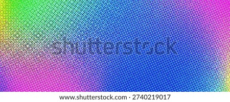 Colorful halftone gradient background. Dotted iridescent rainbow half tone gradation texture. Abstract pixelated multicolored wallpaper. Vivid colour dotty bitmap style backdrop concept. Vector