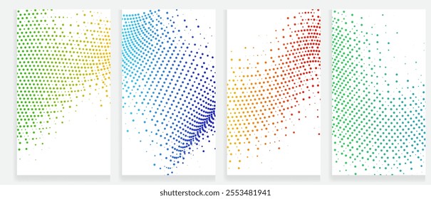 Colorful Halftone Gradient Background Set Dynamic Vector Dotted Patterns Featuring Green, Blue, Yellow, and Red Transitions for Modern Product Design